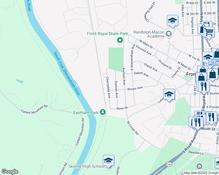 map of restaurants, bars, coffee shops, grocery stores, and more near 609 Brown Avenue in Front Royal