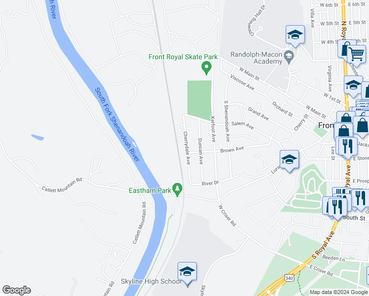 map of restaurants, bars, coffee shops, grocery stores, and more near 406 Cherrydale Avenue in Front Royal