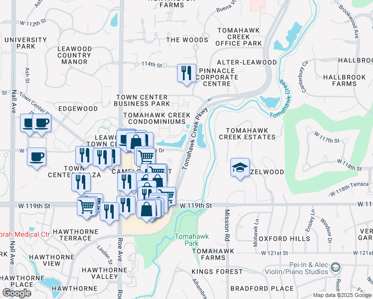 map of restaurants, bars, coffee shops, grocery stores, and more near 11605 J Tomahawk Creek Parkway in Leawood