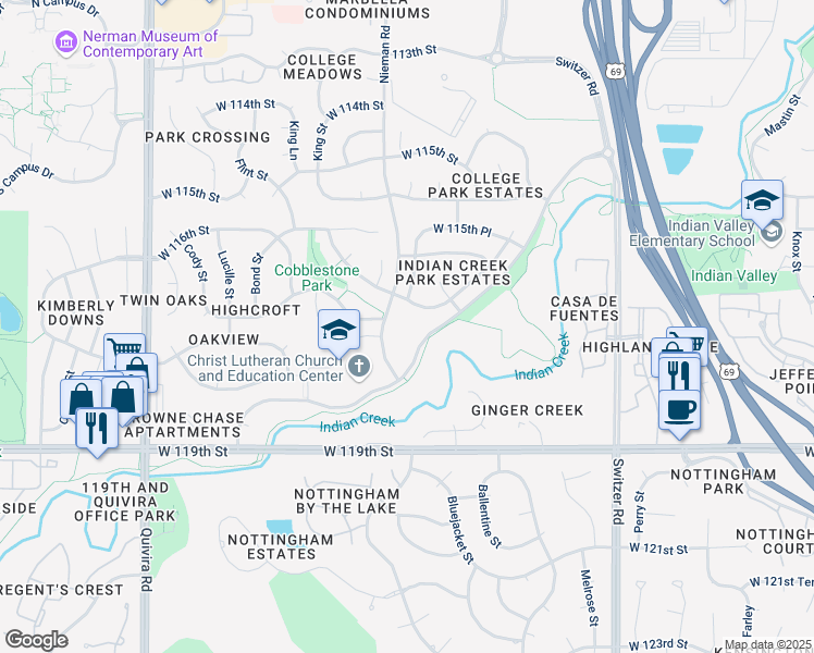 map of restaurants, bars, coffee shops, grocery stores, and more near 11701 Nieman Road in Overland Park