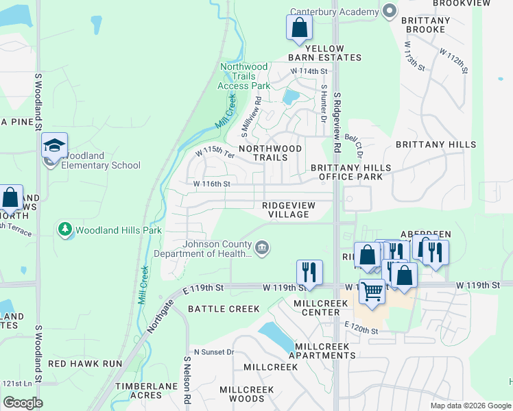map of restaurants, bars, coffee shops, grocery stores, and more near 11880 South Sunset Drive in Olathe