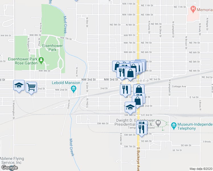 map of restaurants, bars, coffee shops, grocery stores, and more near 424 Northwest 2nd Street in Abilene