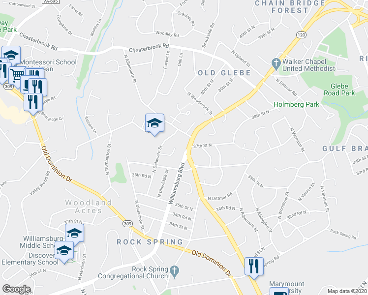 map of restaurants, bars, coffee shops, grocery stores, and more near 3650 North Glebe Road in Arlington