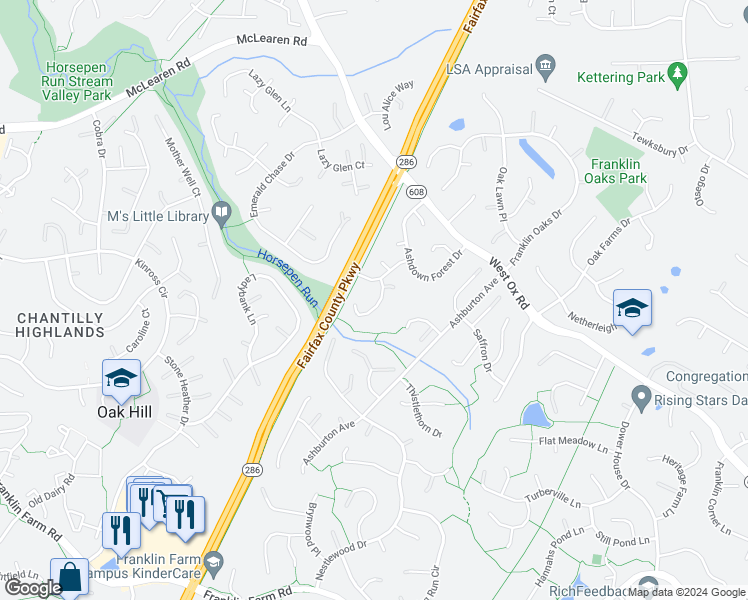 map of restaurants, bars, coffee shops, grocery stores, and more near 3010 Summershade Court in Herndon