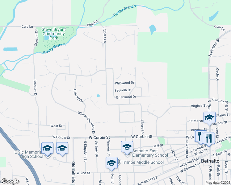 map of restaurants, bars, coffee shops, grocery stores, and more near 828 Briarwood Drive in Bethalto