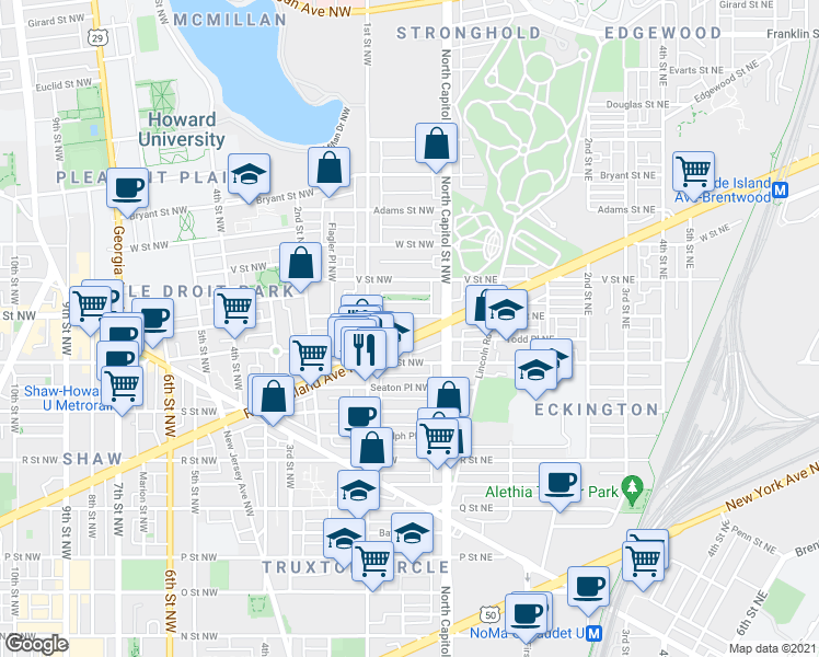 map of restaurants, bars, coffee shops, grocery stores, and more near 35 Rhode Island Avenue Northwest in Washington
