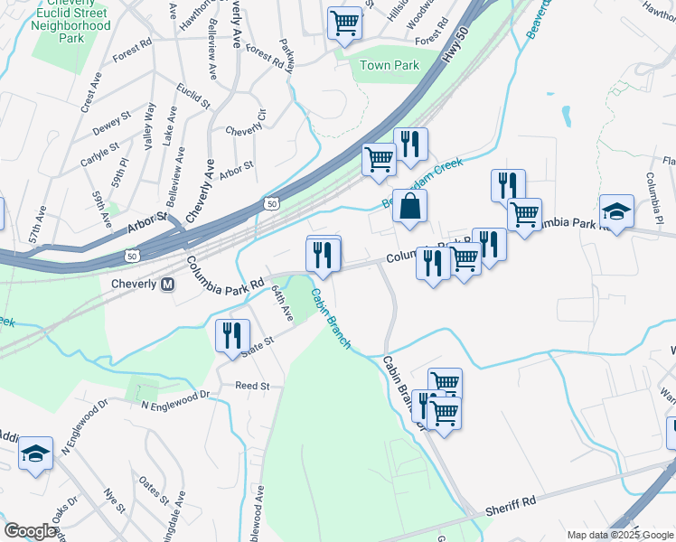 map of restaurants, bars, coffee shops, grocery stores, and more near 5785 Columbia Park Road in Hyattsville