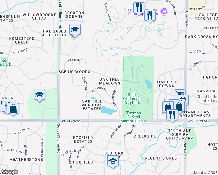 map of restaurants, bars, coffee shops, grocery stores, and more near 12715 West 117th Street in Overland Park