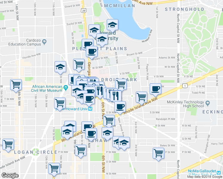map of restaurants, bars, coffee shops, grocery stores, and more near 5th St NW & U St NW in Washington