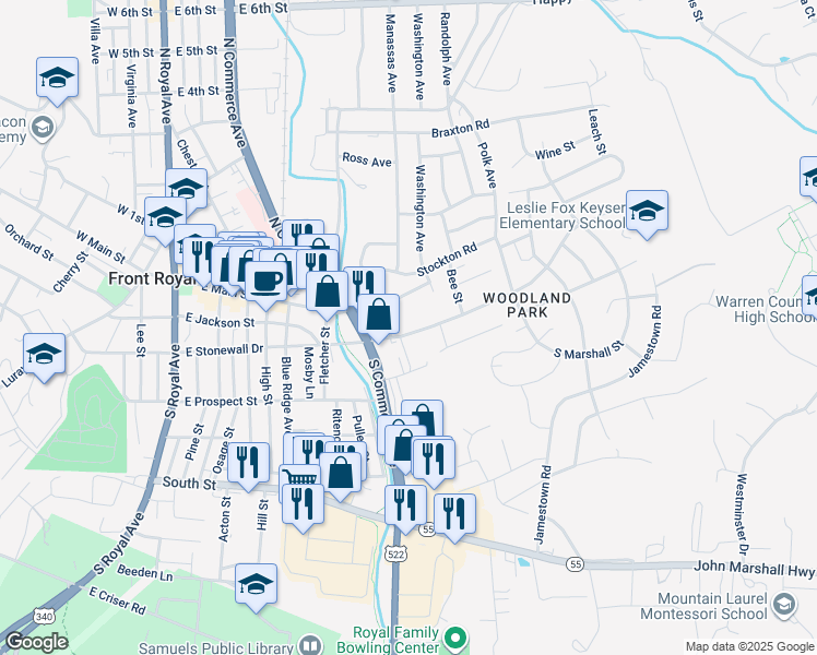 map of restaurants, bars, coffee shops, grocery stores, and more near 101 Thehill in Front Royal