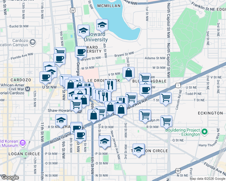 map of restaurants, bars, coffee shops, grocery stores, and more near 101 Independence Avenue Southeast in Washington
