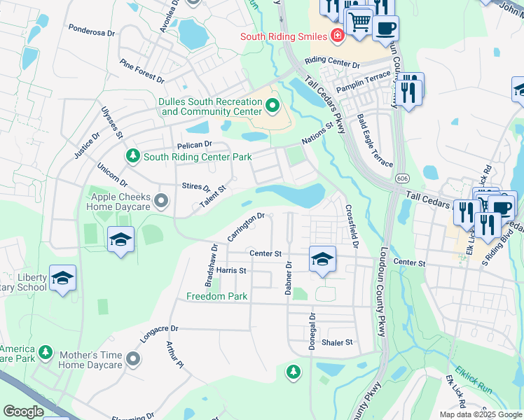 map of restaurants, bars, coffee shops, grocery stores, and more near 25460 Carrington Drive in Chantilly