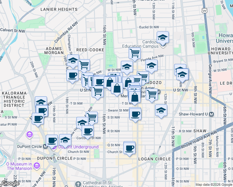 map of restaurants, bars, coffee shops, grocery stores, and more near 1932 15th Street Northwest in Washington