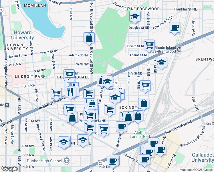 map of restaurants, bars, coffee shops, grocery stores, and more near 1930 First Street Northeast in Washington