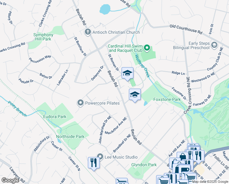 map of restaurants, bars, coffee shops, grocery stores, and more near 1916 Beulah Road in Vienna