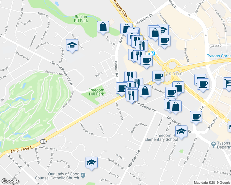 map of restaurants, bars, coffee shops, grocery stores, and more near 1852 Brenthill Court in Vienna