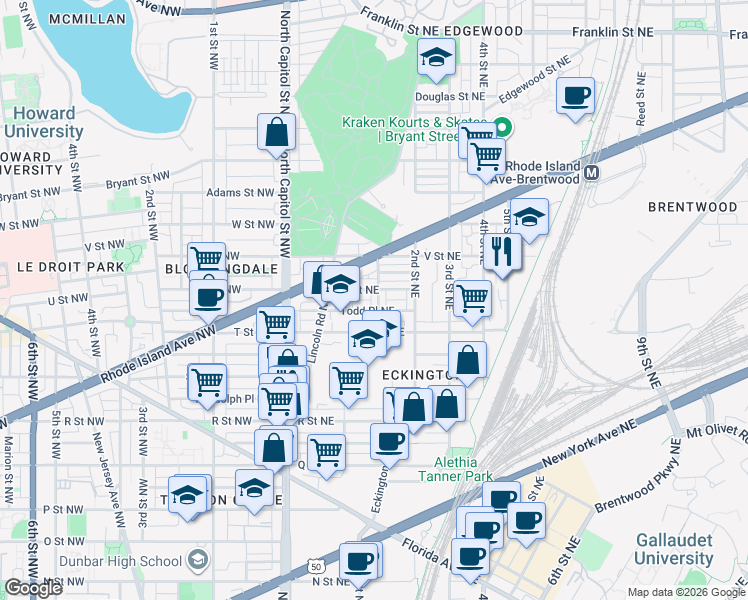 map of restaurants, bars, coffee shops, grocery stores, and more near 101 Independence Avenue Southeast in Washington