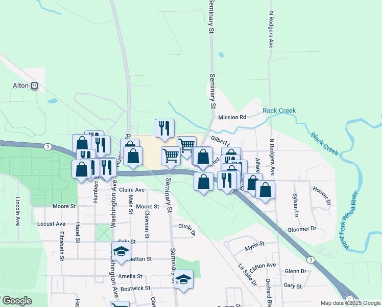map of restaurants, bars, coffee shops, grocery stores, and more near 2933 Agnes Boulevard in Alton