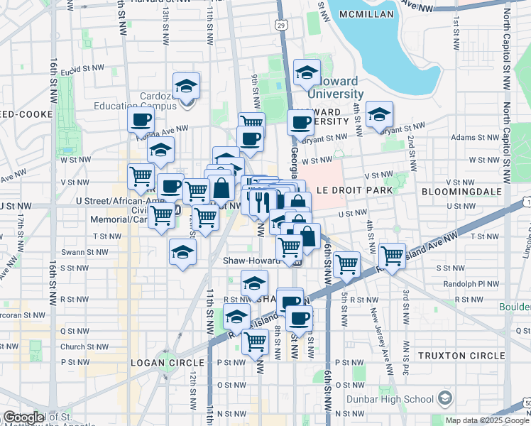 map of restaurants, bars, coffee shops, grocery stores, and more near 101 Independence Avenue Southeast in Washington