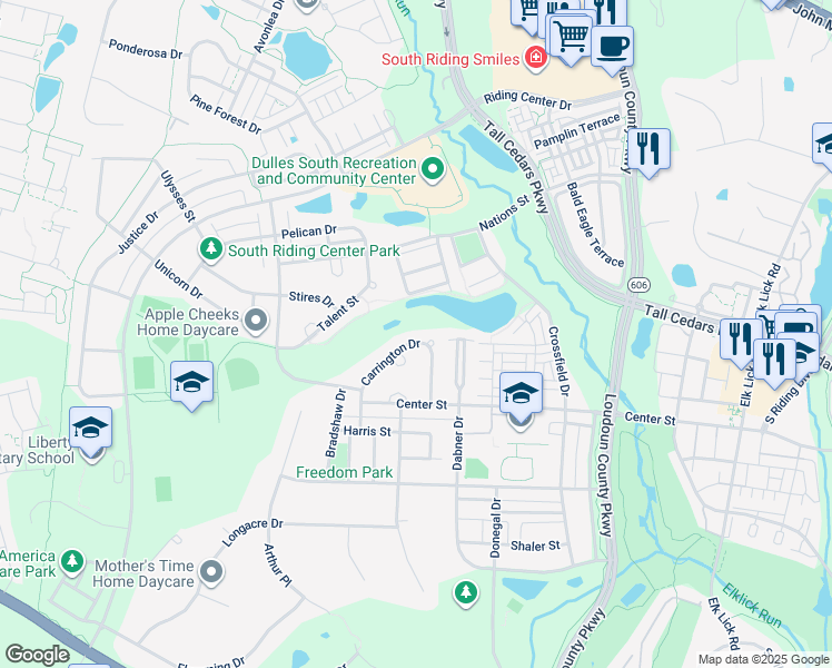 map of restaurants, bars, coffee shops, grocery stores, and more near 25460 Carrington Drive in Chantilly