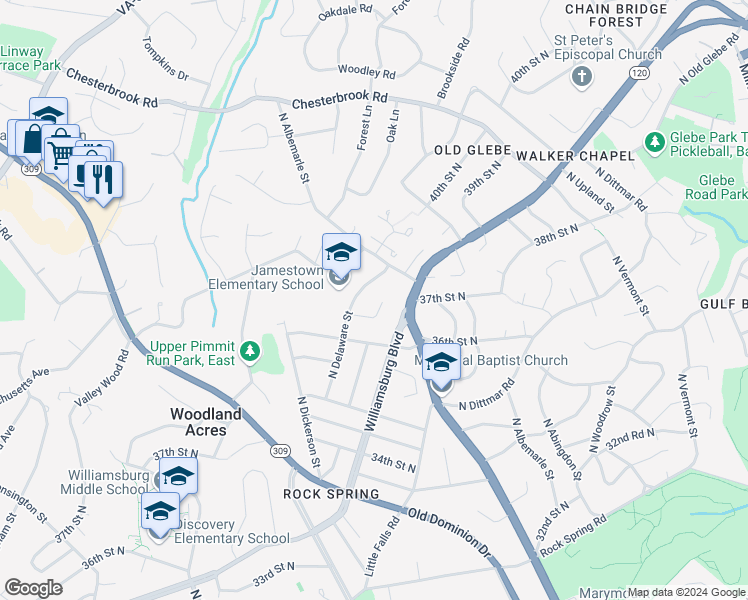 map of restaurants, bars, coffee shops, grocery stores, and more near 4807 37th Street North in Arlington