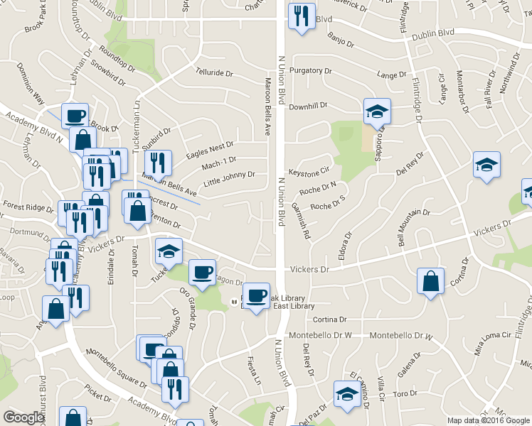 map of restaurants, bars, coffee shops, grocery stores, and more near 5824 New Crossings Point in Colorado Springs