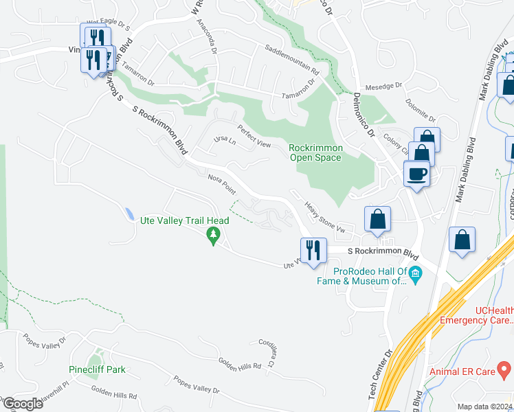 map of restaurants, bars, coffee shops, grocery stores, and more near 5750 Pale Rock Terrace in Colorado Springs