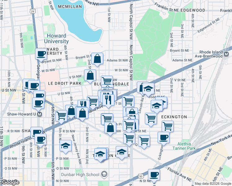 map of restaurants, bars, coffee shops, grocery stores, and more near 101 Independence Avenue Southeast in Washington