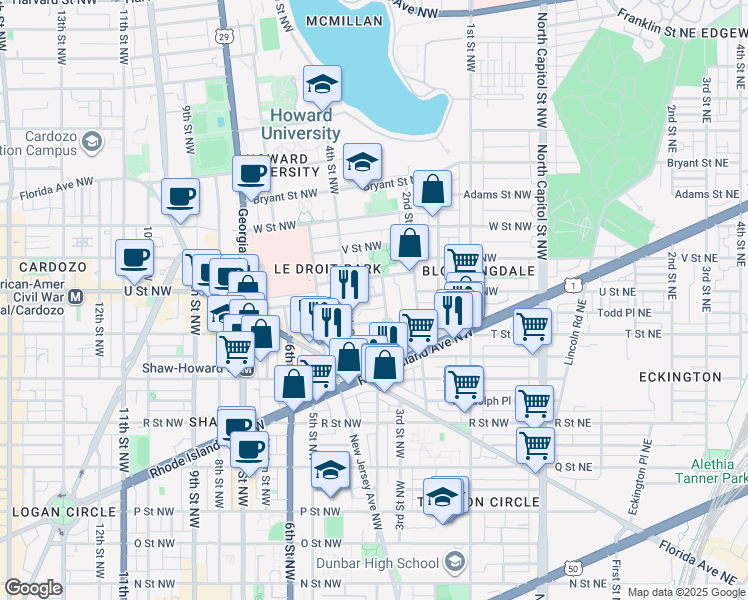 map of restaurants, bars, coffee shops, grocery stores, and more near 101 Independence Avenue Southeast in Washington