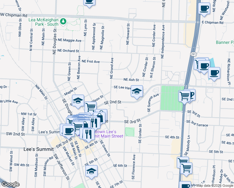 map of restaurants, bars, coffee shops, grocery stores, and more near 502A Southeast 2nd Street in Lee's Summit
