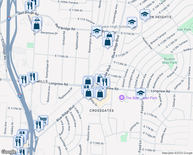 map of restaurants, bars, coffee shops, grocery stores, and more near 11501 Blue Ridge Boulevard in Kansas City
