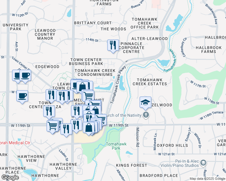 map of restaurants, bars, coffee shops, grocery stores, and more near 11605 J Tomahawk Creek Parkway in Leawood