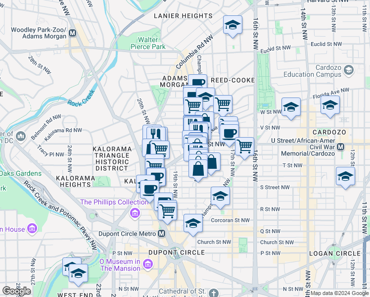 map of restaurants, bars, coffee shops, grocery stores, and more near 1822 Vernon Street Northwest in Washington