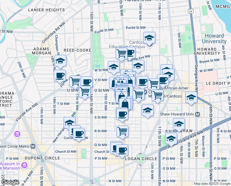 map of restaurants, bars, coffee shops, grocery stores, and more near 1428 U Street Northwest in Washington