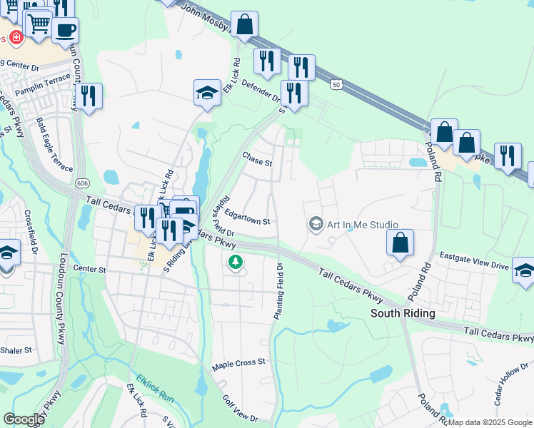 map of restaurants, bars, coffee shops, grocery stores, and more near 25321 Winter Lane in Chantilly