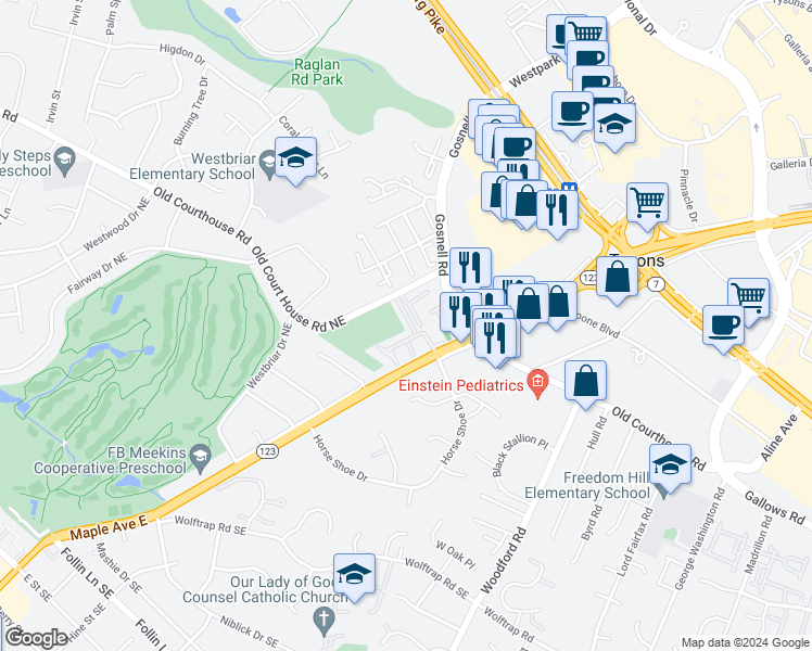 map of restaurants, bars, coffee shops, grocery stores, and more near 1832 Battery Park Street in Vienna