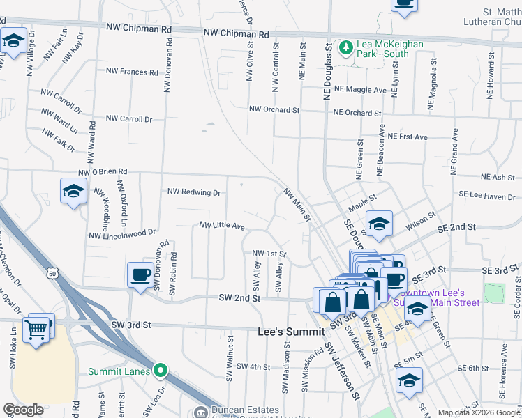 map of restaurants, bars, coffee shops, grocery stores, and more near 500 Northwest Little Avenue in Lee's Summit