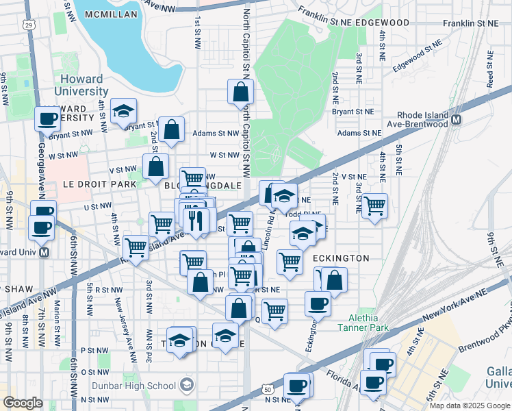 map of restaurants, bars, coffee shops, grocery stores, and more near 13 Rhode Island Avenue Northeast in Washington
