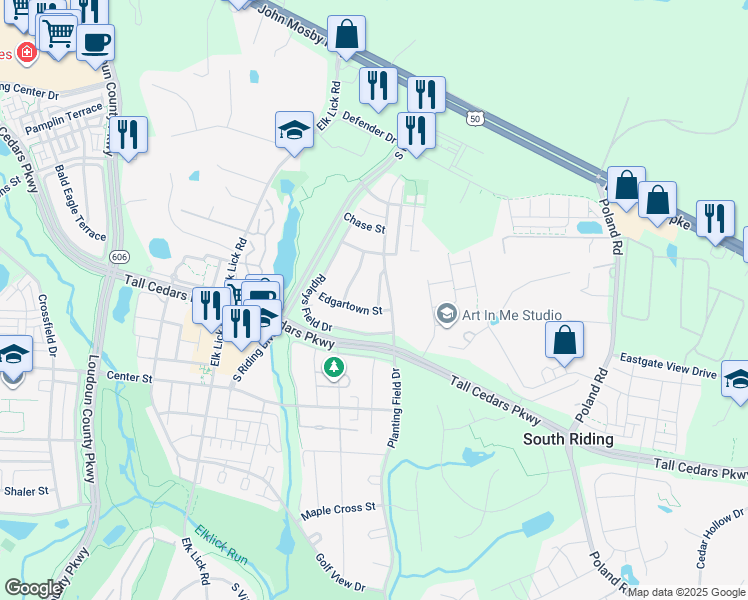 map of restaurants, bars, coffee shops, grocery stores, and more near 25321 Winter Lane in Chantilly