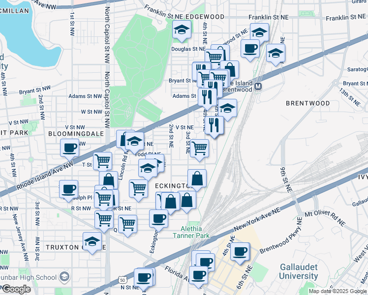map of restaurants, bars, coffee shops, grocery stores, and more near 1940 3rd Street Northeast in Washington