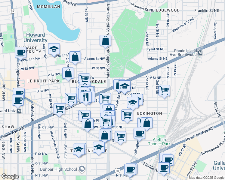 map of restaurants, bars, coffee shops, grocery stores, and more near 13 Rhode Island Avenue Northeast in Washington