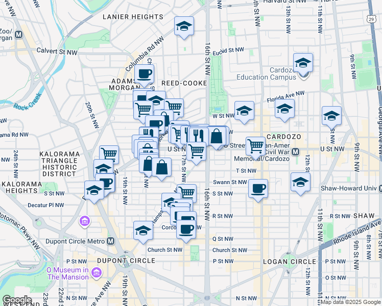map of restaurants, bars, coffee shops, grocery stores, and more near 1624 U Street Northwest in Washington