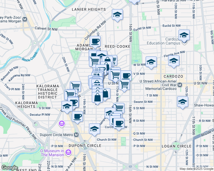 map of restaurants, bars, coffee shops, grocery stores, and more near 1740 U Street Northwest in Washington