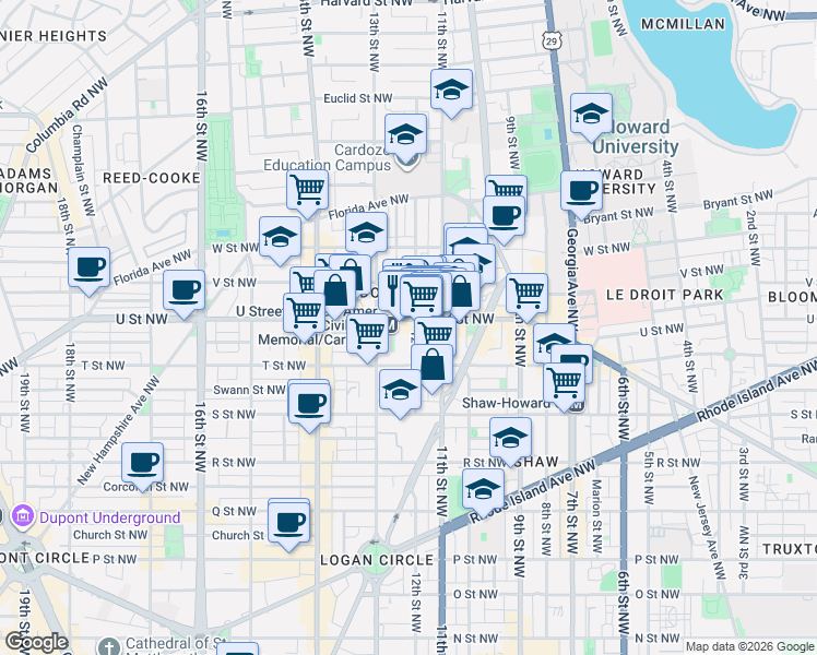 map of restaurants, bars, coffee shops, grocery stores, and more near 1200 U Street Northwest in Washington