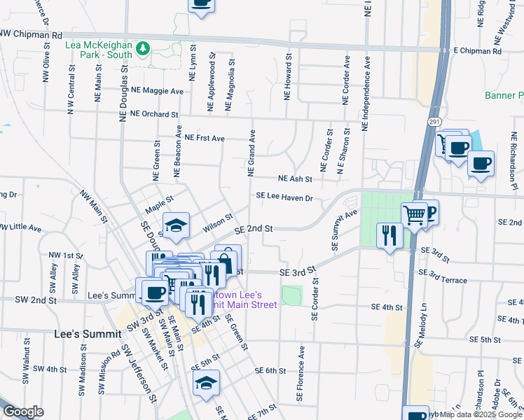 map of restaurants, bars, coffee shops, grocery stores, and more near 111 Southeast Grand Avenue in Lee's Summit