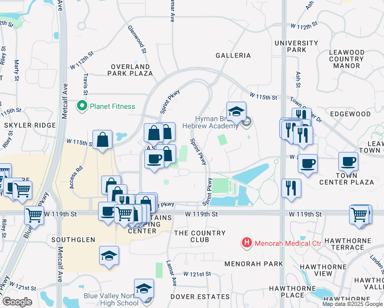 map of restaurants, bars, coffee shops, grocery stores, and more near 6450 Sprint Parkway in Overland Park