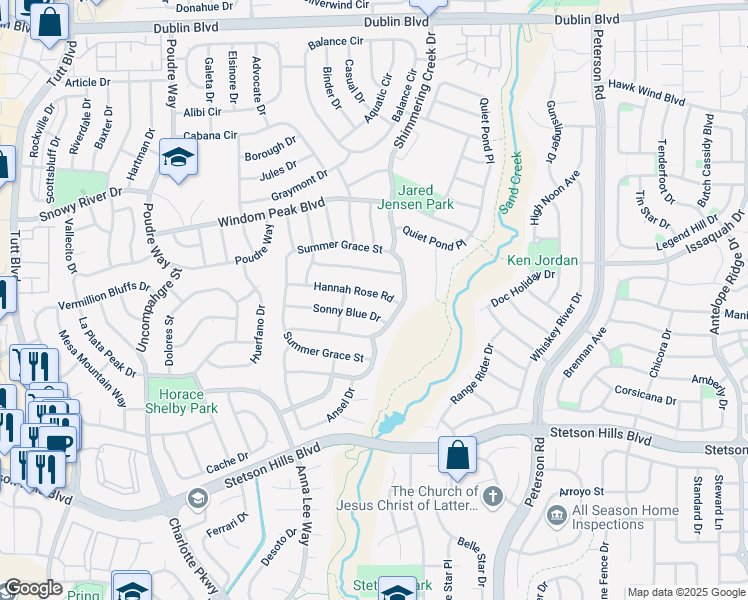 map of restaurants, bars, coffee shops, grocery stores, and more near 6597 Hannah Rose Road in Colorado Springs