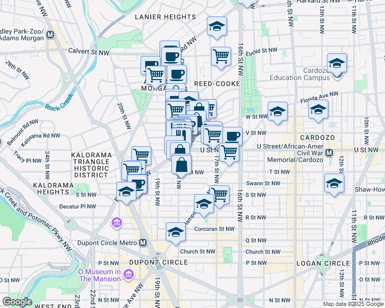 map of restaurants, bars, coffee shops, grocery stores, and more near 1756 U Street Northwest in Washington