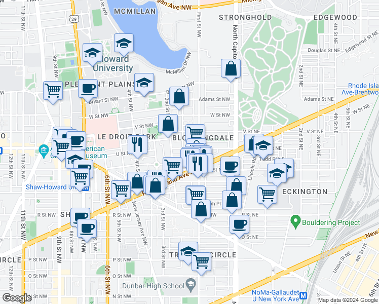 map of restaurants, bars, coffee shops, grocery stores, and more near 120 U Street Northwest in Washington