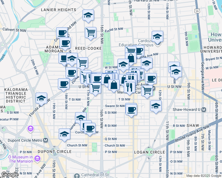 map of restaurants, bars, coffee shops, grocery stores, and more near 2013 New Hampshire Avenue Northwest in Washington